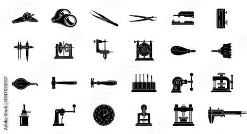 Watchmaker and jeweler tools icons set with loupes, tweezers, miniature presses, screwdrivers, vices and a micrometer gauge, minimalist style

