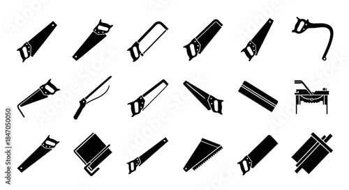 Various saws arranged in a grid tools for cutting wood and other materials for construction