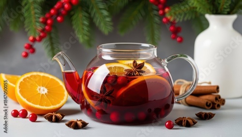 Cozy winter mulled wine in a glass teapot with oranges, cranberries, and star anise