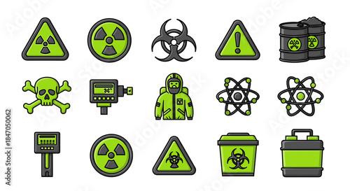Radioactive hazard warning signs and other toxic symbols are glowing 