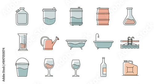 Various containers with liquid: tubs barrel pool wine glasses watering can and more