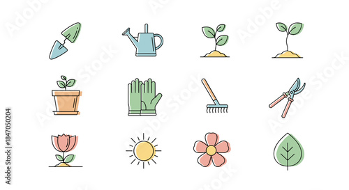 Cute gardening icons including flowers potted plants gloves watering can and tools