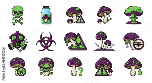 Poisonous Mushrooms and Toxic Waste Icons: A collection of quirky dangerous cartoon elements