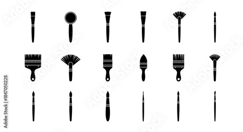Makeup brush icons set with powder brushes, fan brushes, flat foundation brushes and fine detail brushes, minimalist style

