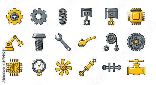 Mechanical parts icons including gears piston springs wrench valve and microchips on black