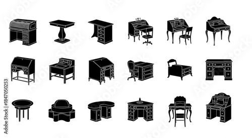 Antique writing desk icons set with roll‑top desks, secretary desks, corner desks and round tables, minimalist style
