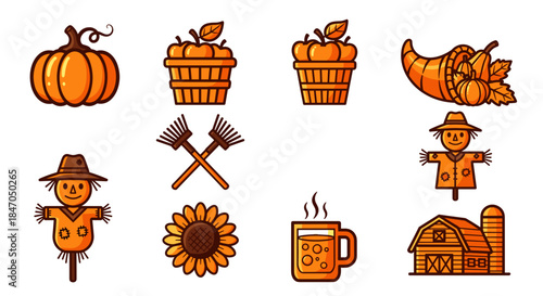 Cartoon Fall Icons Featuring Pumpkin Cornucopia Scarecrow Sunflower Apple Basket Barn and more