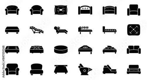Collection of seat icons representing various styles and designs in a minimalist fashion