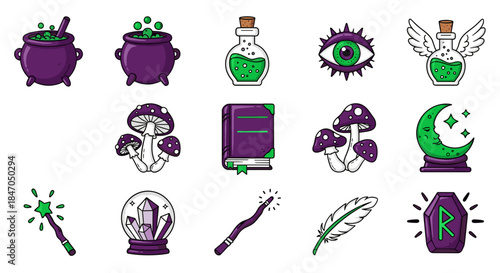 Collection of cartoonish Halloween or Wiccan icons including potions mushrooms and a wand