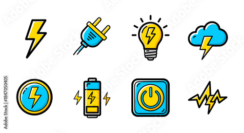 Electric Power Icons Set with Lightning Bolts and Energy Symbols in Blue and Yellow