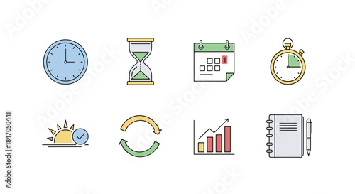 Time Management Icons Set with Clock, Hourglass, and Productivity Symbols