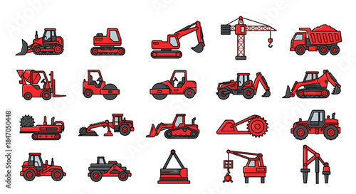 Construction Vehicles Icons Set, Red Heavy Machinery Symbols