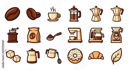 Coffee and Donut Icons Set with Various Brewing Methods and Accessories Illustrated