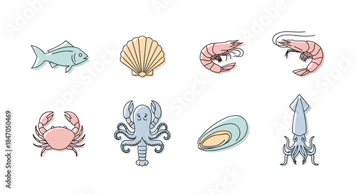 Colorful seafood icons including fish, shrimp, crab, and mollusks