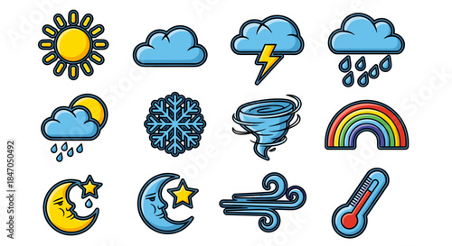 Weather Forecast Icons Set with Rainbow, Clouds, Sun, Moon, and Temperature Symbols