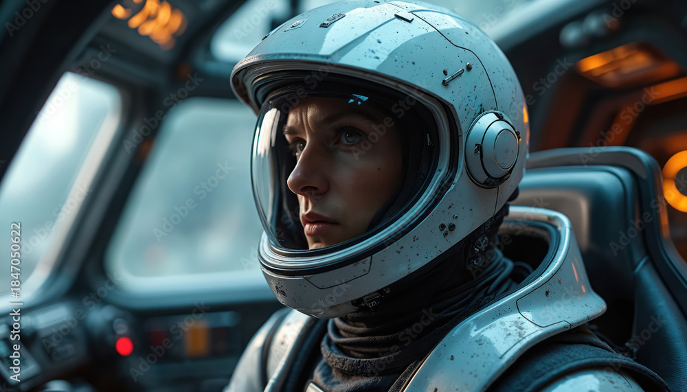 Fototapeta premium Female astronaut wears advanced helmet inside spaceship cockpit. Woman looks focused at digital screens and controls. Space explorer prepares for intergalactic flight mission. Future journey begins.