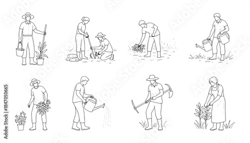 Crouching Country People Vector – Farmers, Gardeners, Florists & Flower Growers, Editable Line Illustration
