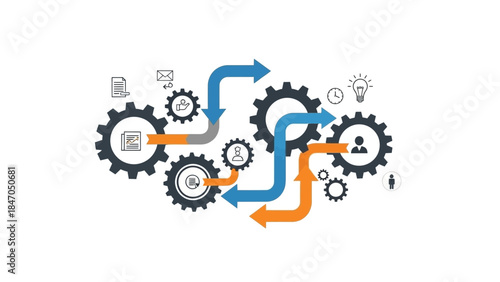 Business process management concept with gear icons and workflow arrows