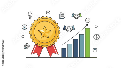 Business success concept with gold award and growing graph
