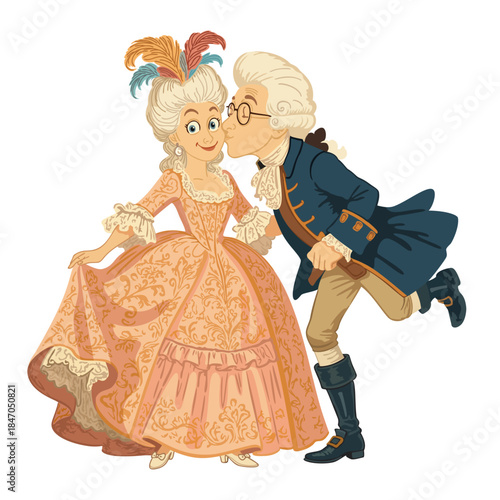 Couple in rococo style. Surprised funny young woman kissed on cheek by charming man. 18th-century French aristocracy. Vector isolaled illustration