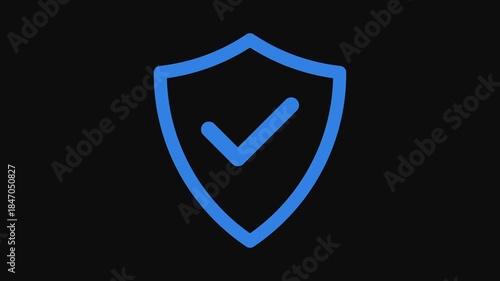 Check security animation on black background . Blue shield with check mark. Motion graphic . Shield protection shield