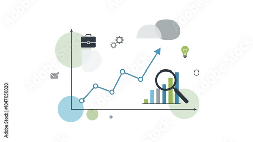 Business growth chart with magnifying glass and briefcase