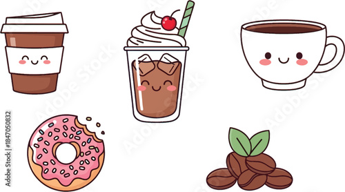 Kawaii Iced Coffee Donut and Beans Vector Set