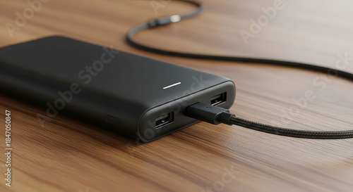 Close up of a sleek black portable power bank charging device connected to a braided cable on wood