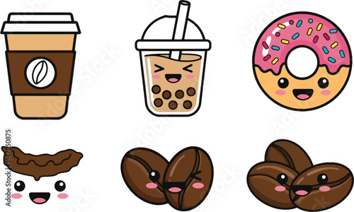 Kawaii Happy Coffee Bean and Boba Tea Icon Pack