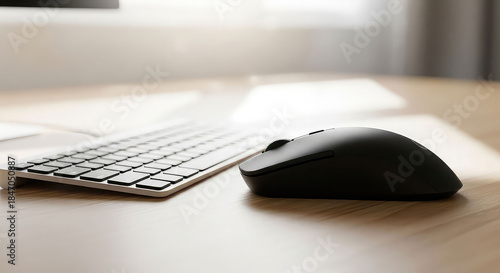 Sleek black wireless mouse rests beside a slim silver keyboard on a wooden desk surface