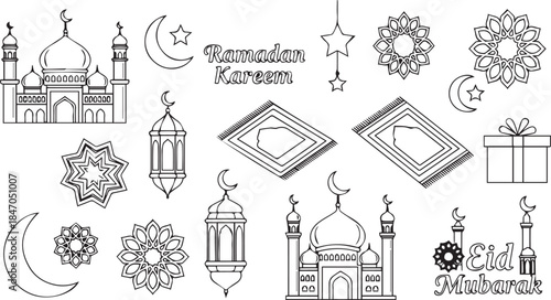 Ramadan Kareem and Eid Mubarak Line Art Vector Icons Collection