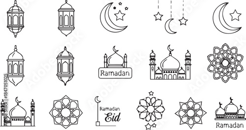 Ramadan Lantern and Geometric Islamic Line Art Icon Set