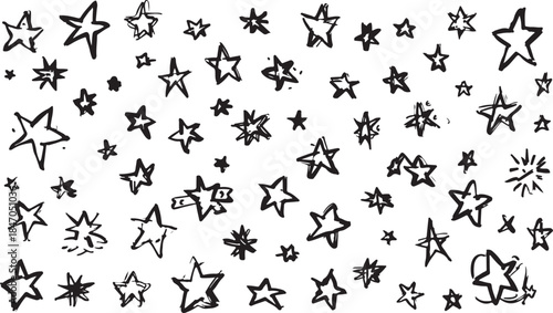 Hand drawn black and white star doodles scattered across a white background stars drawing