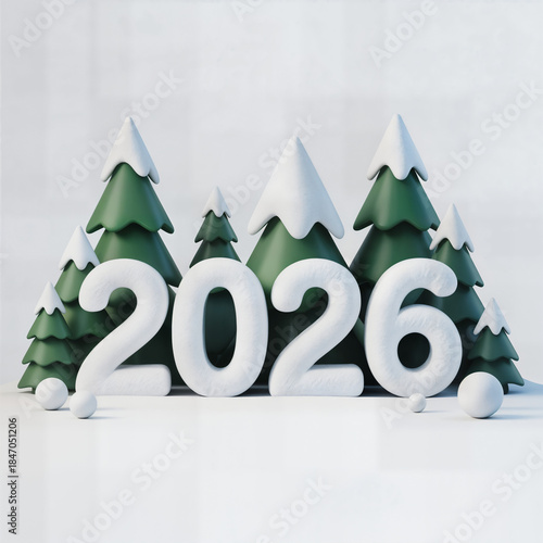 Wallpaper Mural "3D Holiday 2026 Typography with Snow-Capped Pine Trees — Festive Winter New Year Concept Illustration" Torontodigital.ca