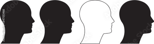Human Head Profile Silhouettes in Black Solid Fill and White Outline Variations face