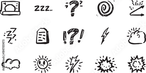 Hand- Drawn Sketch Icons Representing Ideas, Sleep, Questions, and Energy Keywords: sleep icon, zzz icon, question mark, spiral icon, lightning bolt, arrow icon, exclamation mark, thought bubble