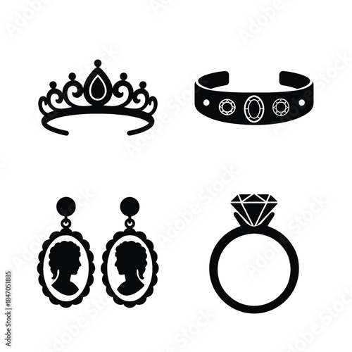 Royal Jewelry Silhouettes with Tiara Bracelet Cameo Earrings and Diamond Ring crown