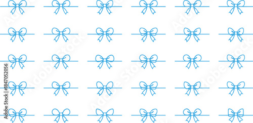 Repeating pattern of light blue outline bows arranged in rows on a white background ribbon gift