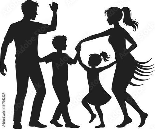 Black silhouette family of four holding hands together
