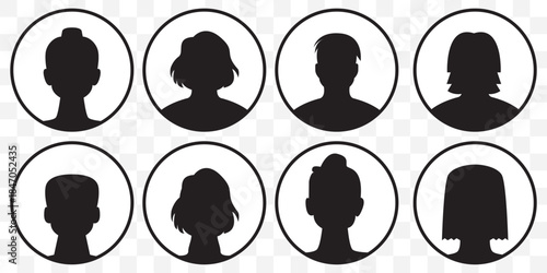 Black and white user profile icons for men and women in suits and casual wear avatar person icon On Transparent Background. EPS 10.
