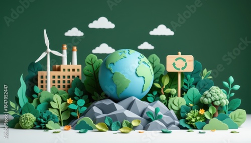 Eco-Friendly World with Renewable Energy Elements, Greenery, and Sustainable Practices in Vibrant Paper Art Style