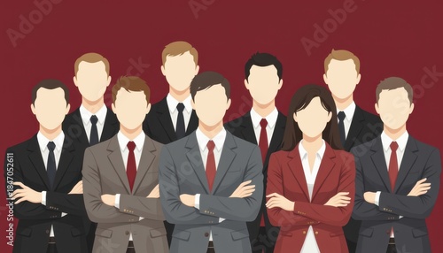 Group of Business Professionals in Formal Attire Standing Together Against a Deep Red Background