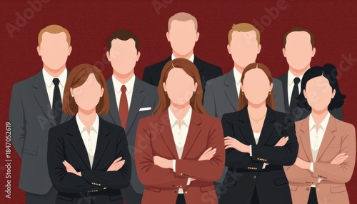 Diverse group of business professionals in formal attire against a solid background with faceless representations and confident postures