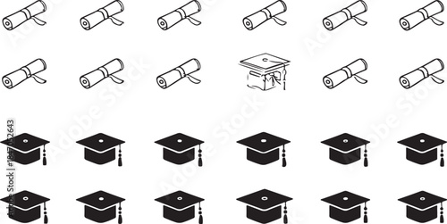 Scattered rolled diplomas and graduation caps in black outline and solid fill styles on a white background