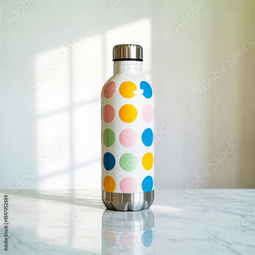 Wallpaper Mural "Colorful Polka Dot Insulated Water Bottle on Marble Surface with Soft Natural Light — Modern Reusable Stainless Steel Thermos" Torontodigital.ca
