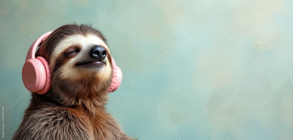 Obraz premium Sloth wears pink headphones listening to music with closed eyes on pastel background. Animal appears relaxed and content, enjoying its peaceful moment in a serene setting.