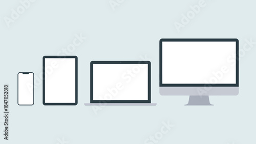 Various devices with blank screens on light blue background for tech designs