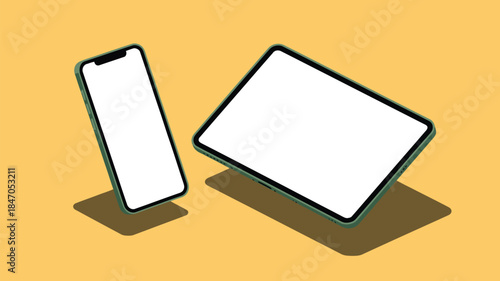 Smartphone and tablet with blank screens on yellow background