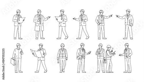 Architects & Construction Workers Vector – Editable People in Line Illustration

