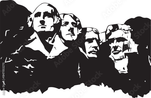 Stylized black and white silhouette of mount rushmore national memorial